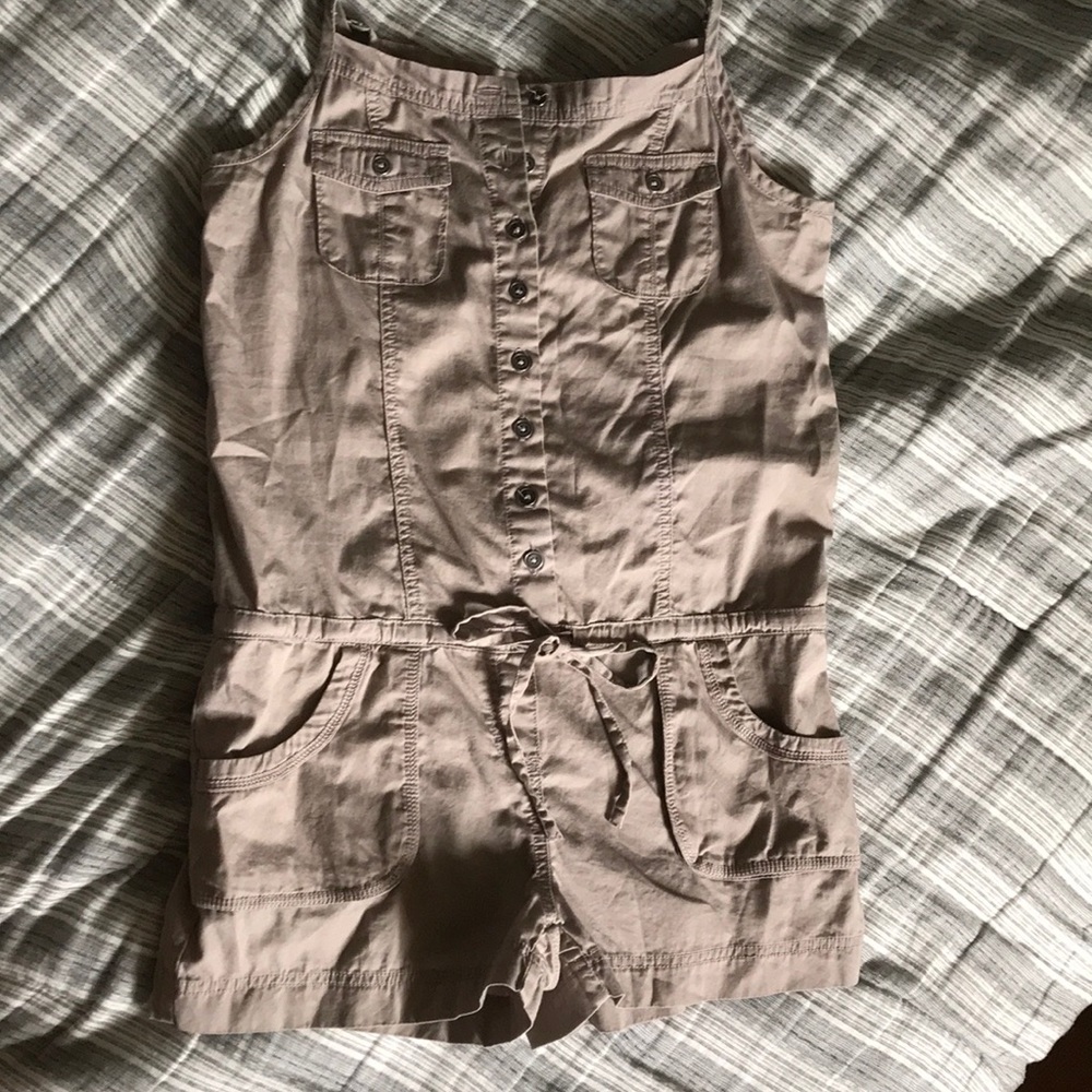 Light grey button up romper with pockets